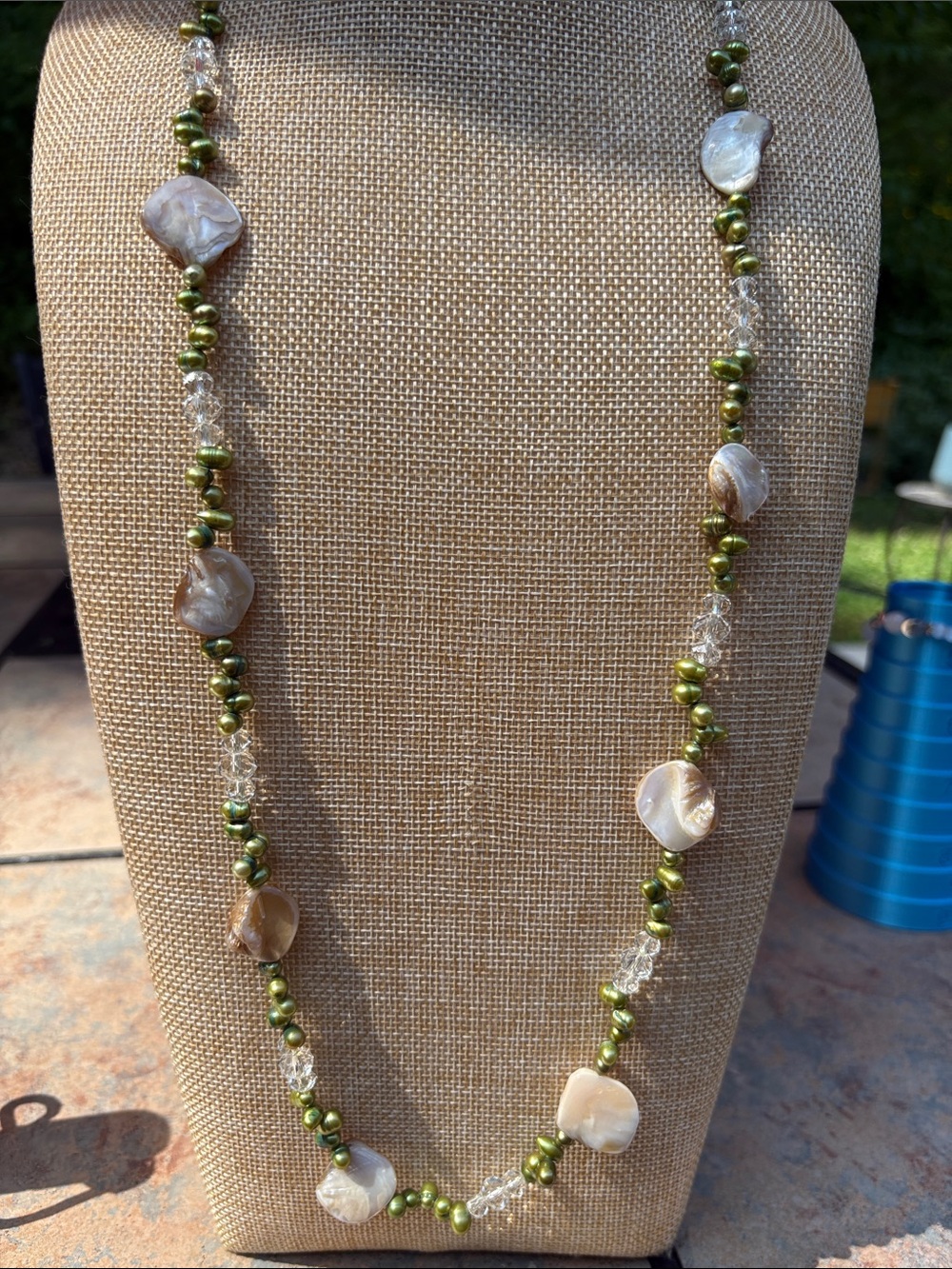 Freshwater pearl, mother of pearl shell & crystal necklace